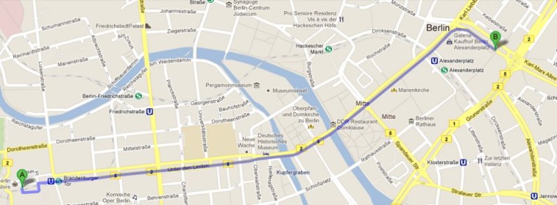 Kort over strækningen fra Branxdenburger Tor til Alexanderplatz
