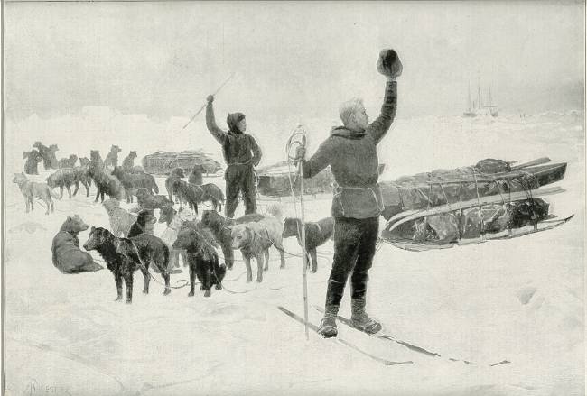 Fridtjof Nansen and Johansen vinker farvel til resten af holdet, da de tager afsted mod nordpolen på ski i marts 1895.