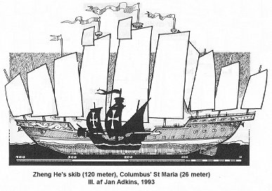 Zheng He' skib (120 meter) i sammenligning med Columbus' St Maria (26 meter). Ill. af Jan Adkins 1993.