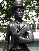 Statue af Charlie Chaplin i parken på Leicester Square i London